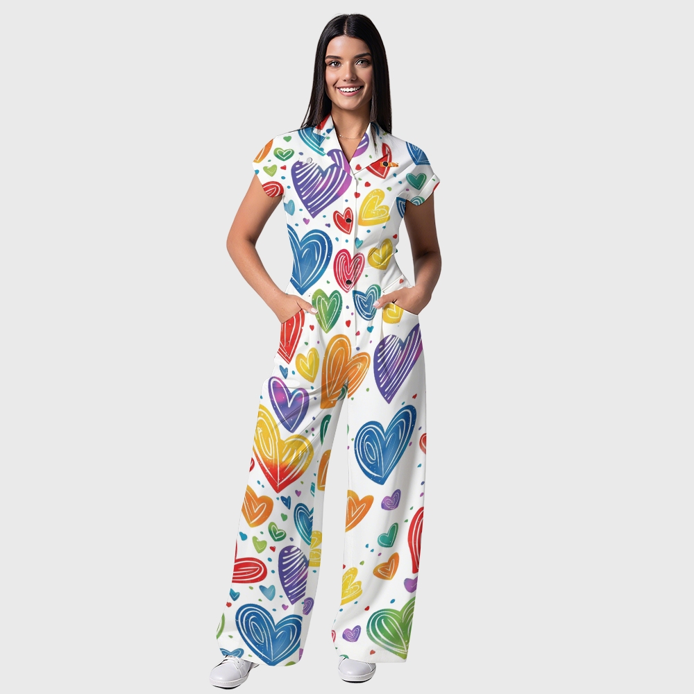 Women's Wide-Leg Rainbow Hearts Printed Jumpsuit JH08