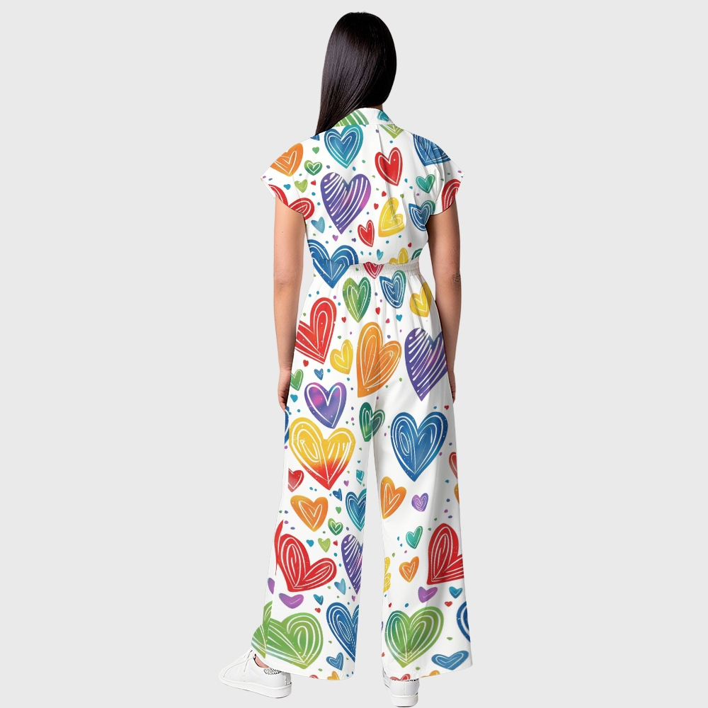 Women's Wide-Leg Rainbow Hearts Printed Jumpsuit JH08