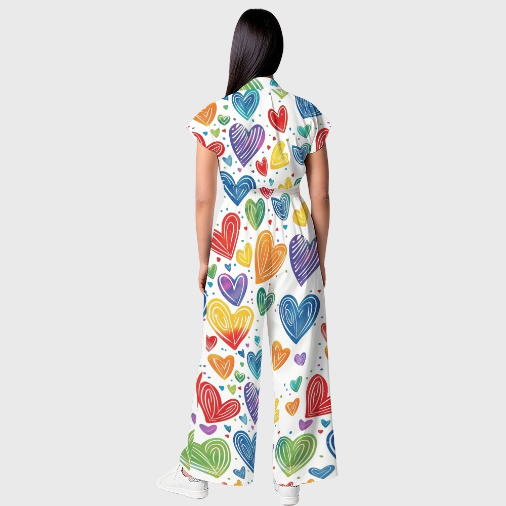 Women's Wide-Leg Rainbow Hearts Printed Jumpsuit JH08