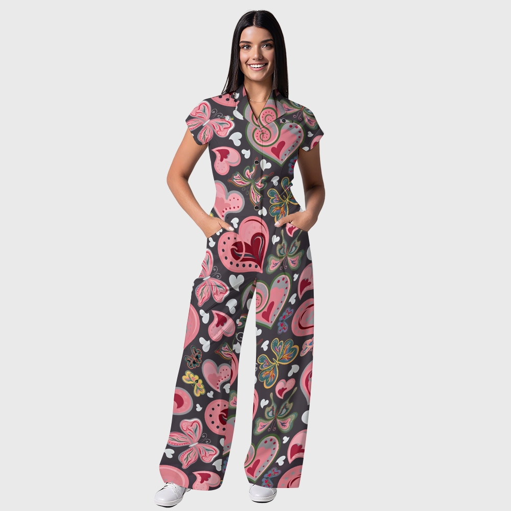 Women's Wide-Leg Pink Hearts Printed Jumpsuit JH09