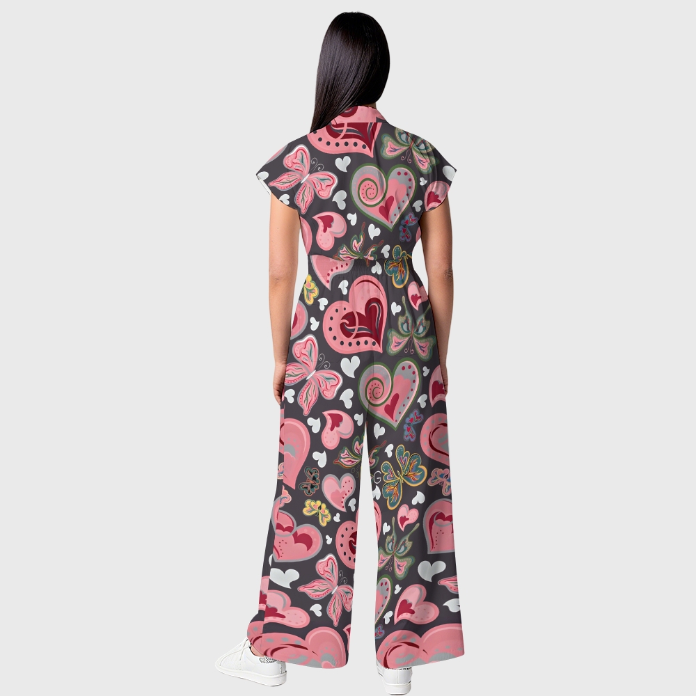 Women's Wide-Leg Pink Hearts Printed Jumpsuit JH09