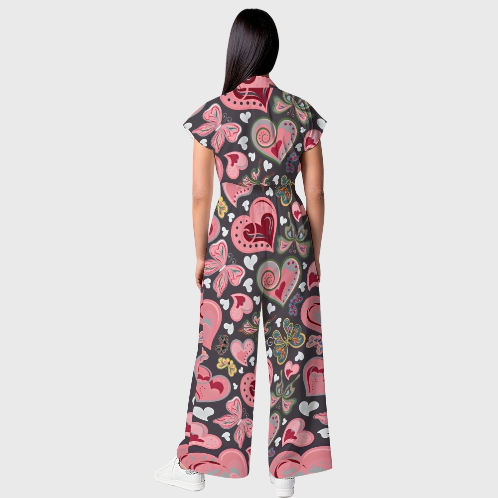 Women's Wide-Leg Pink Hearts Printed Jumpsuit JH09