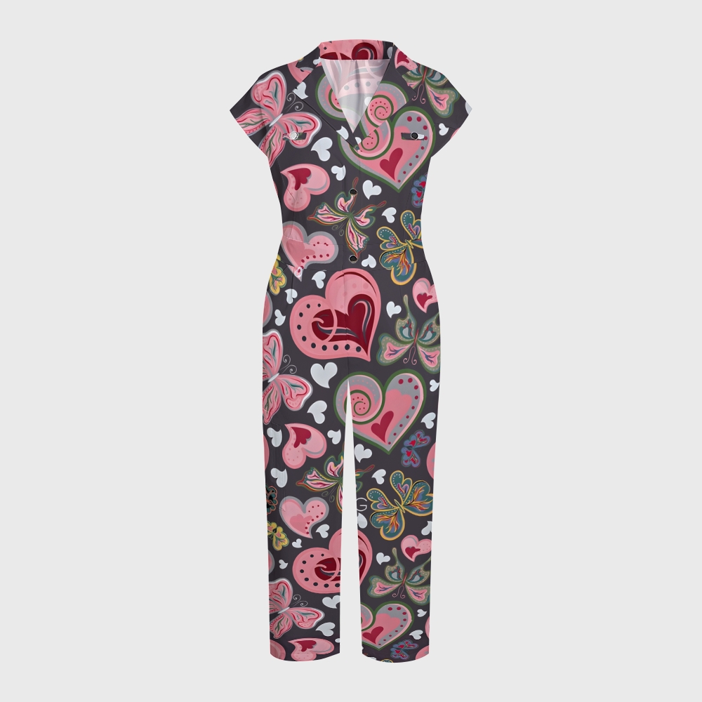Women's Wide-Leg Pink Hearts Printed Jumpsuit JH09