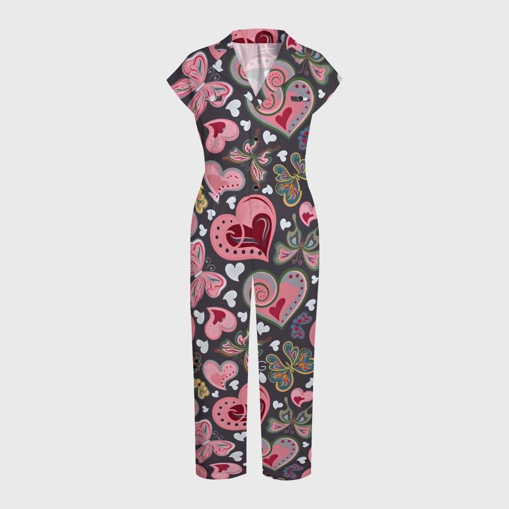 Women's Wide-Leg Pink Hearts Printed Jumpsuit JH09