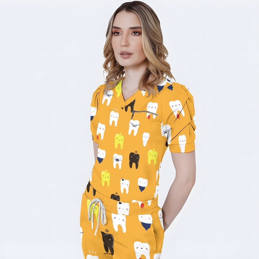Women's Puff Sleeves Cute Teeth Scrub Set SAA6