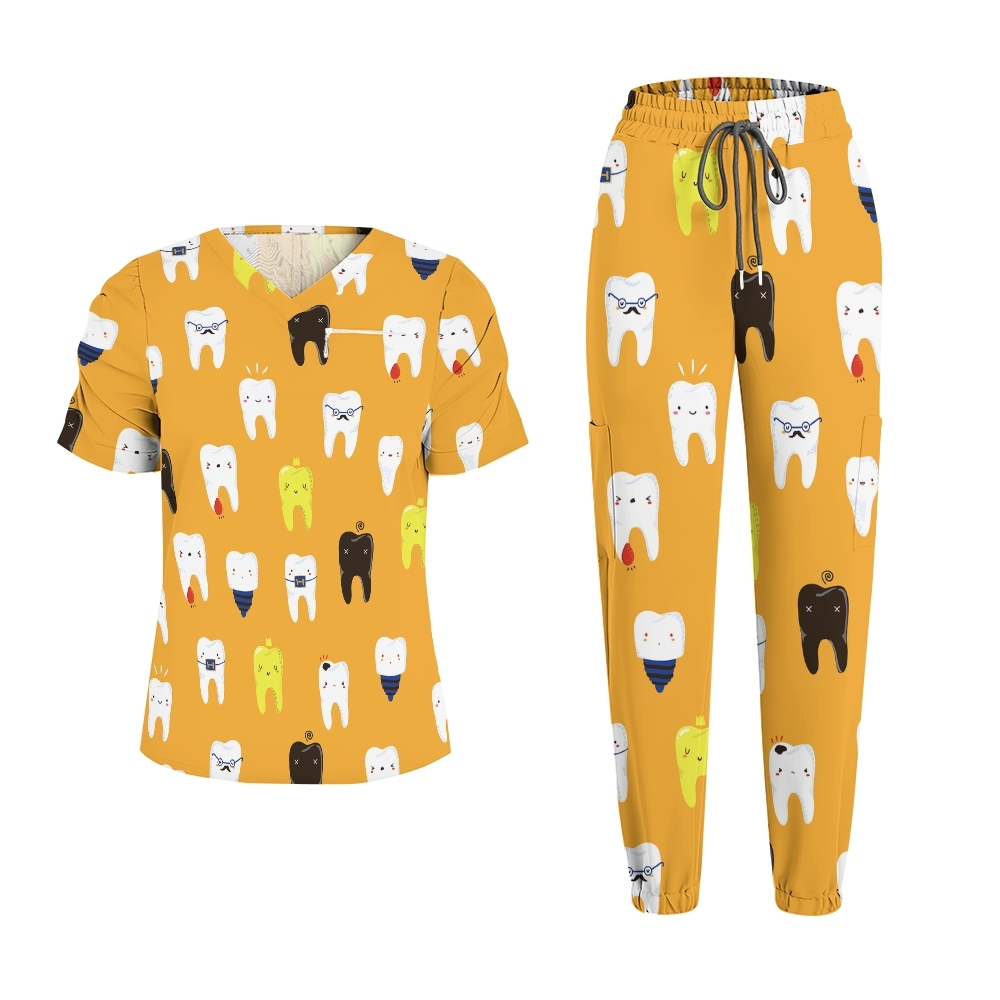 Women's Puff Sleeves Cute Teeth Scrub Set SAA6