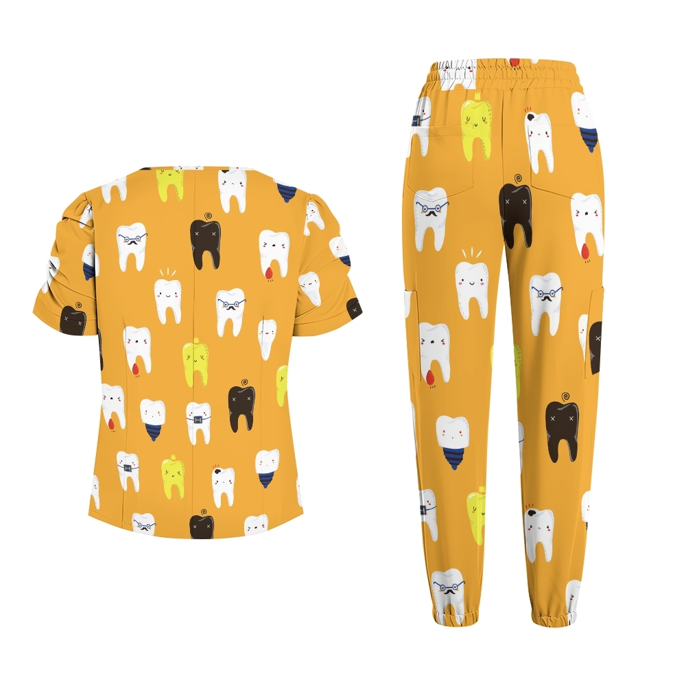 Women's Puff Sleeves Cute Teeth Scrub Set SAA6