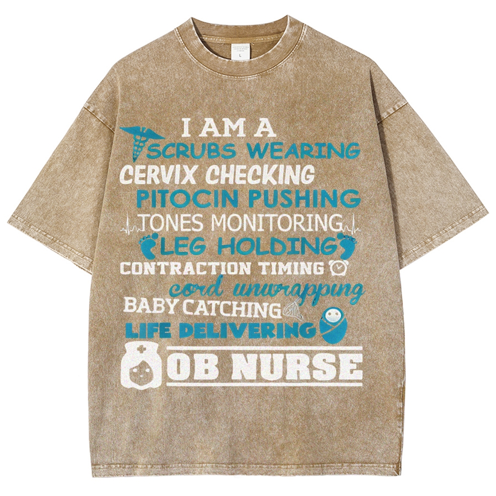Scrubs Wearing Pitocin Pushing Baby Catching Washed Vintage T-shirt