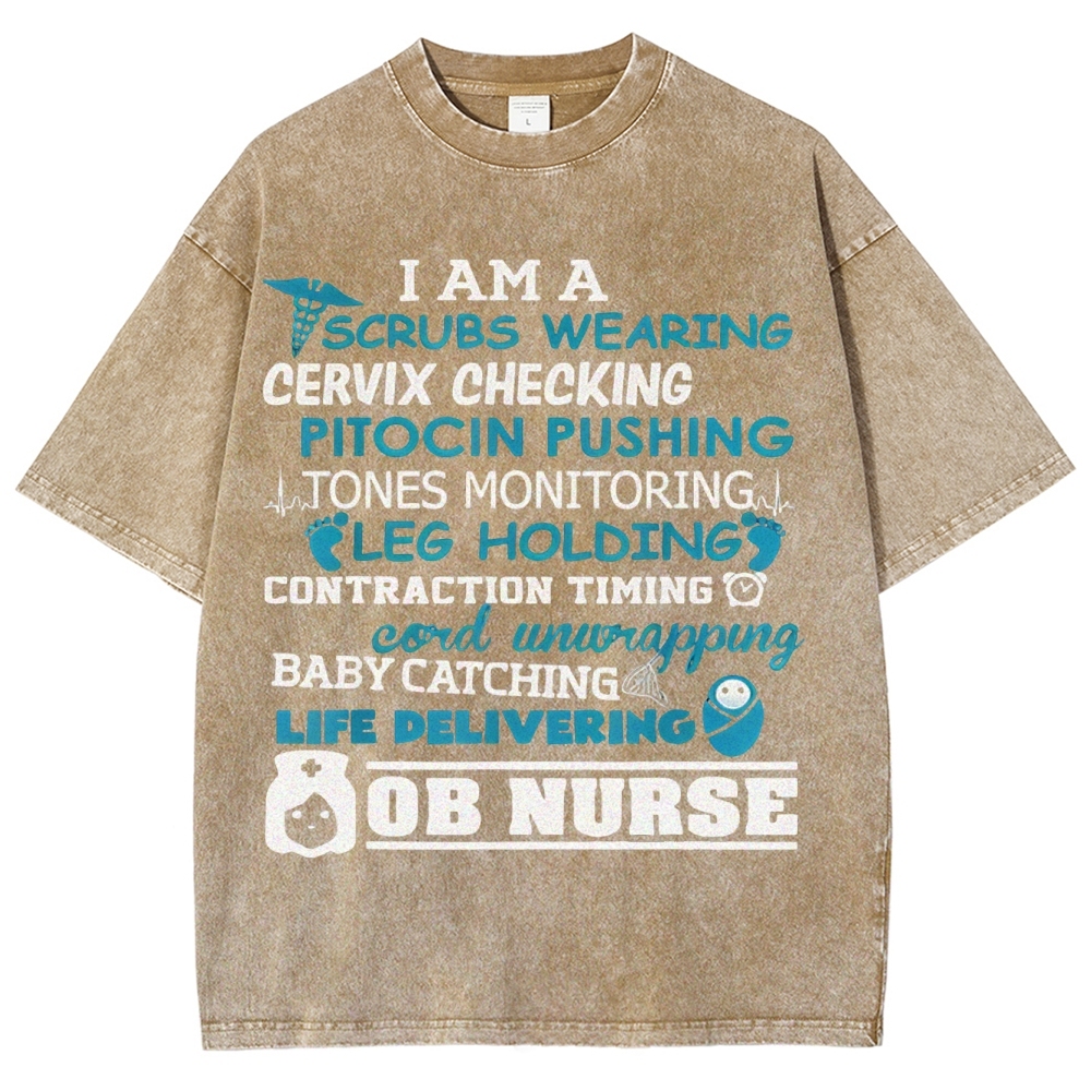 Scrubs Wearing Pitocin Pushing Baby Catching Washed Vintage T-shirt