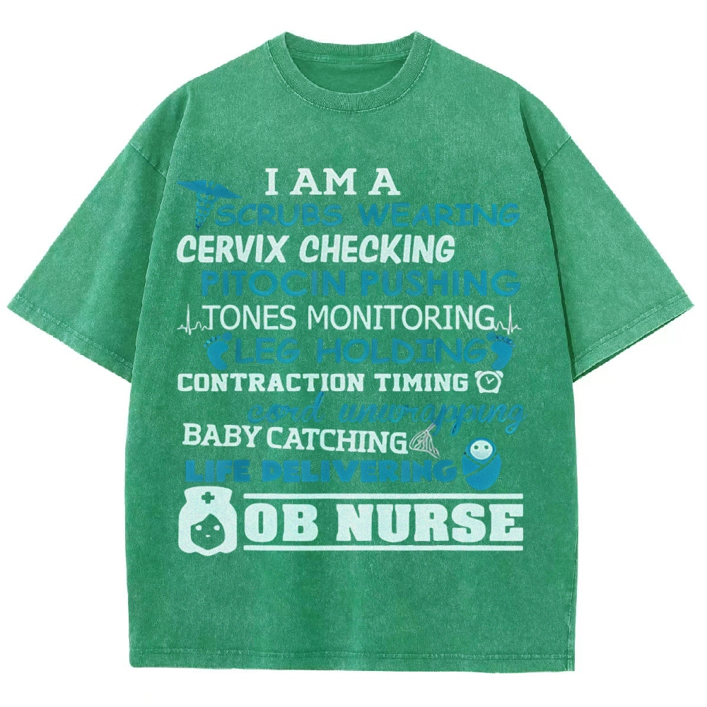 Scrubs Wearing Pitocin Pushing Baby Catching Washed Vintage T-shirt