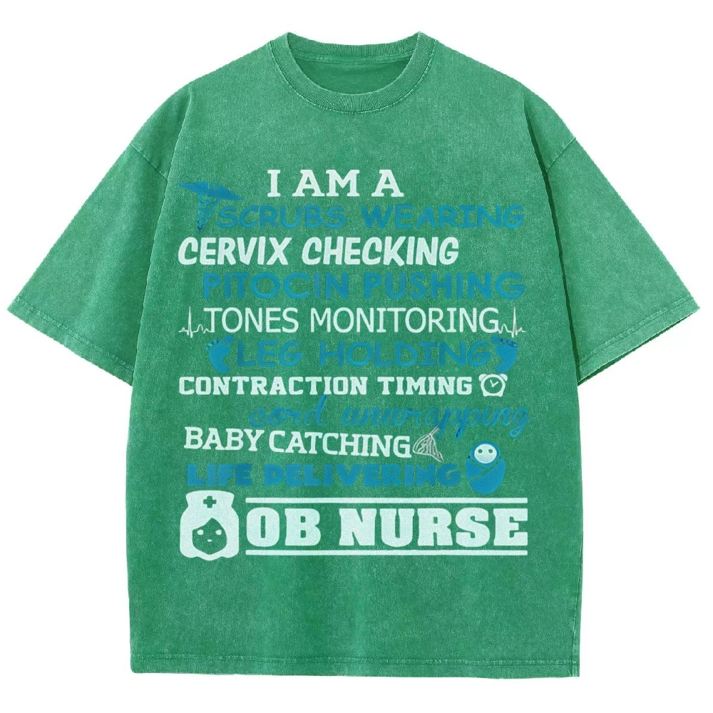 Scrubs Wearing Pitocin Pushing Baby Catching Washed Vintage T-shirt