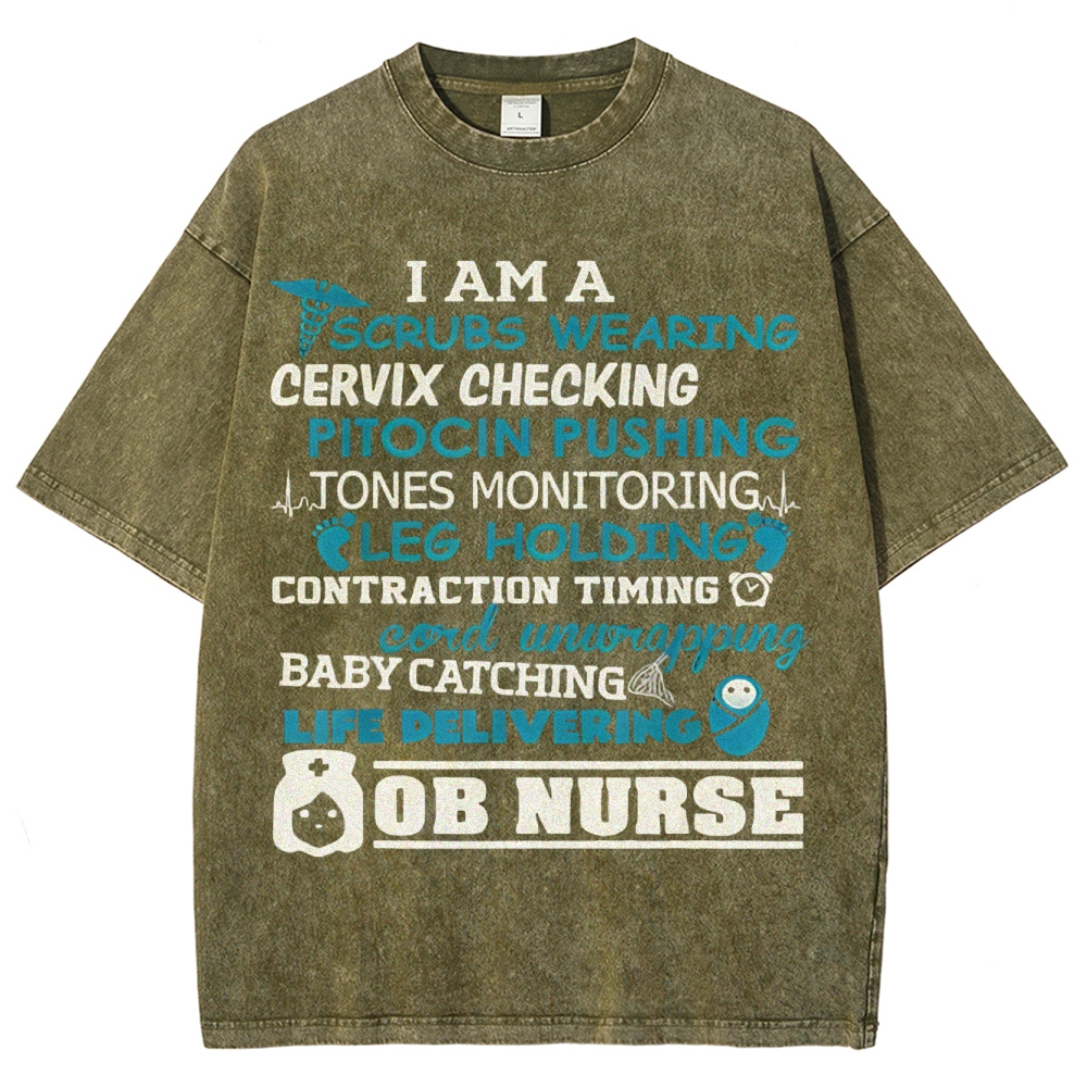 Scrubs Wearing Pitocin Pushing Baby Catching Washed Vintage T-shirt