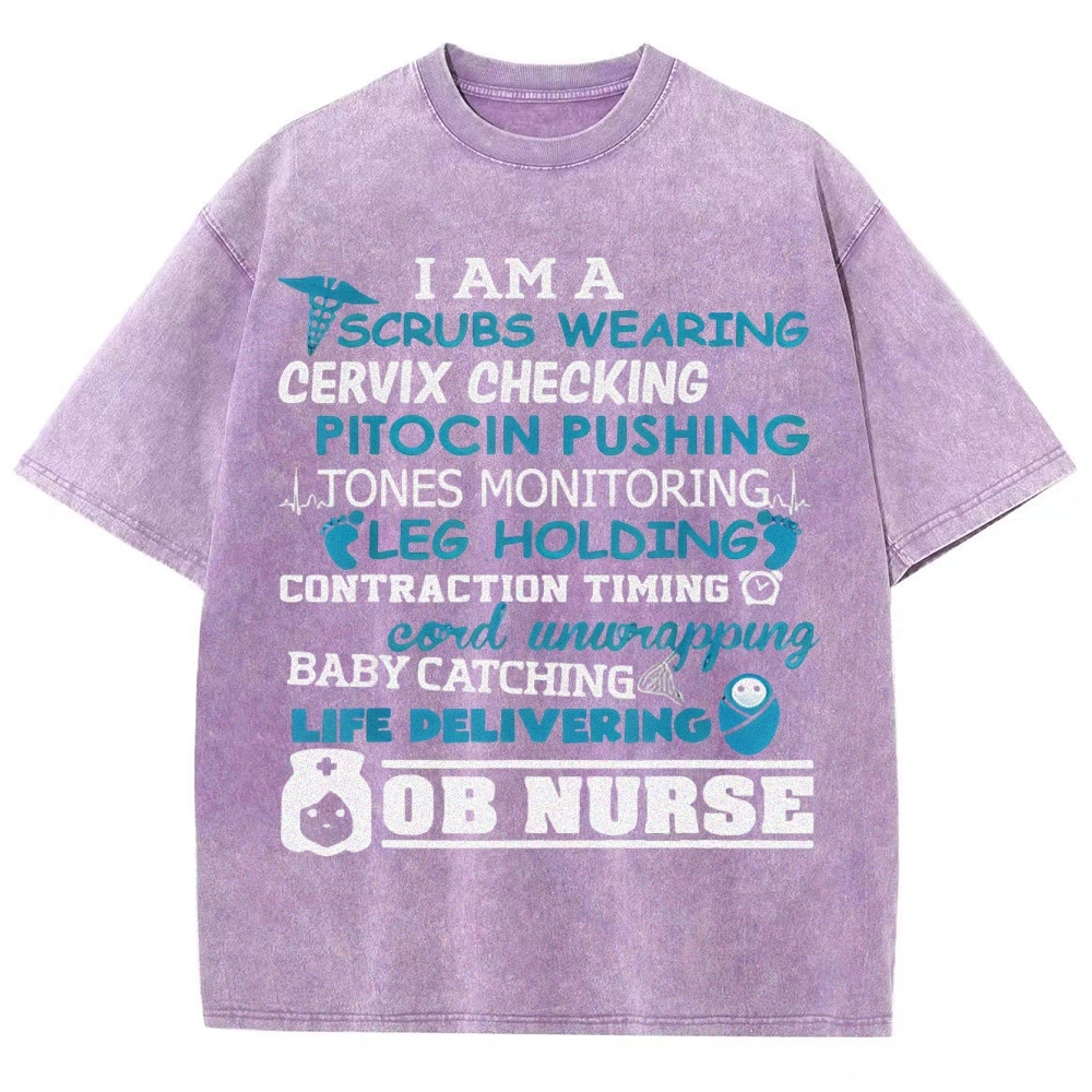 Scrubs Wearing Pitocin Pushing Baby Catching Washed Vintage T-shirt