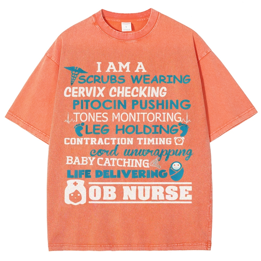 Scrubs Wearing Pitocin Pushing Baby Catching Washed Vintage T-shirt