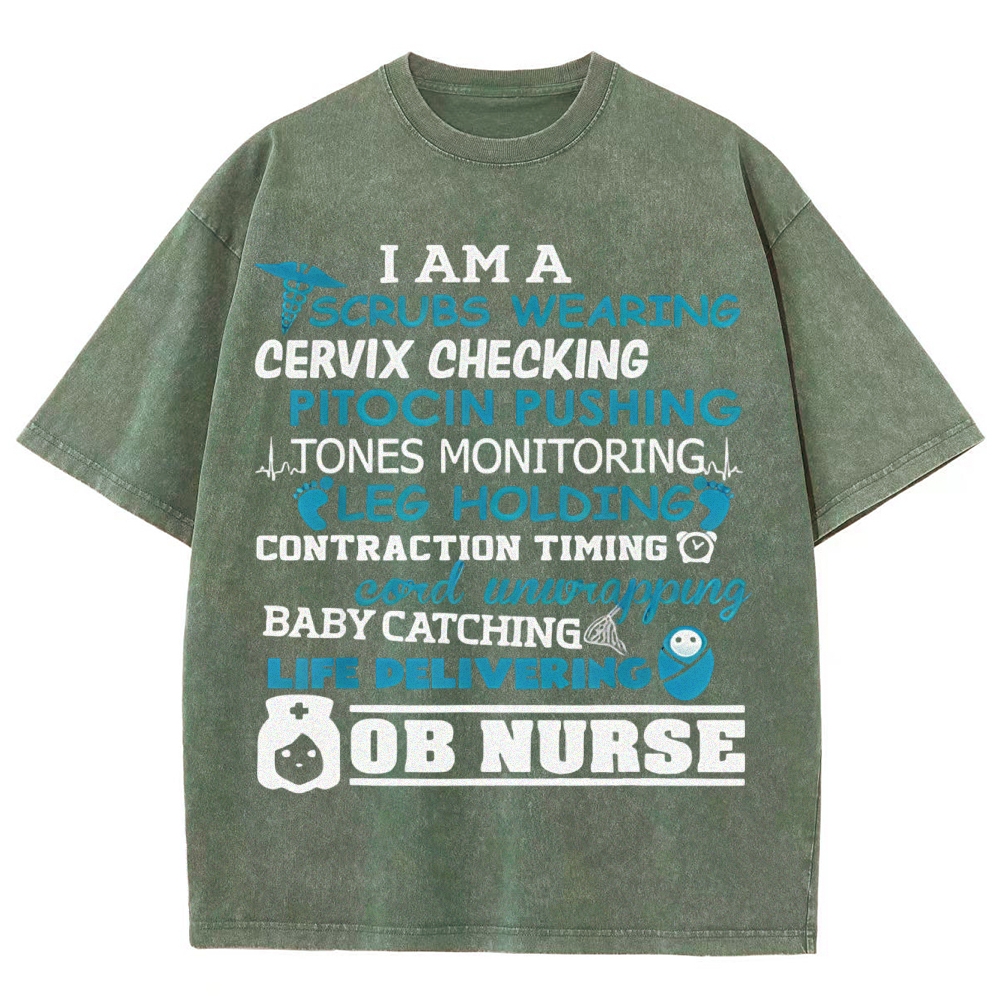 Scrubs Wearing Pitocin Pushing Baby Catching Washed Vintage T-shirt