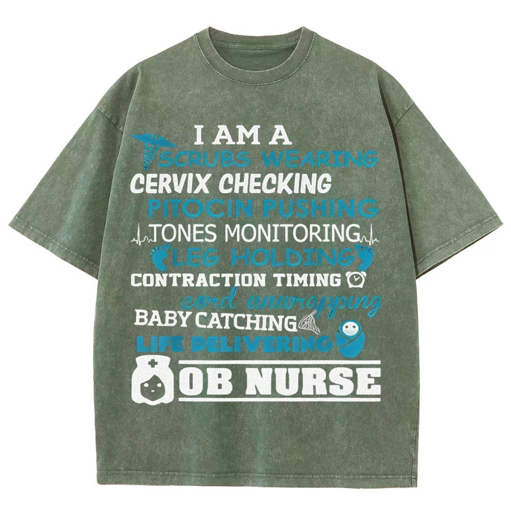 Scrubs Wearing Pitocin Pushing Baby Catching Washed Vintage T-shirt