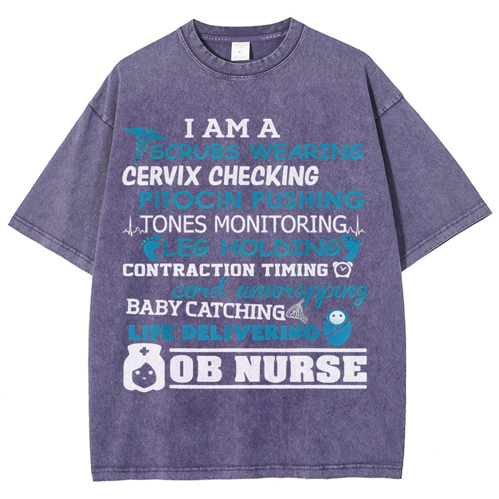 Scrubs Wearing Pitocin Pushing Baby Catching Washed Vintage T-shirt