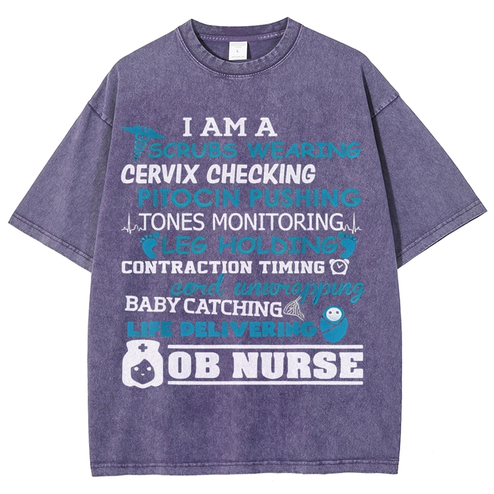 Scrubs Wearing Pitocin Pushing Baby Catching Washed Vintage T-shirt