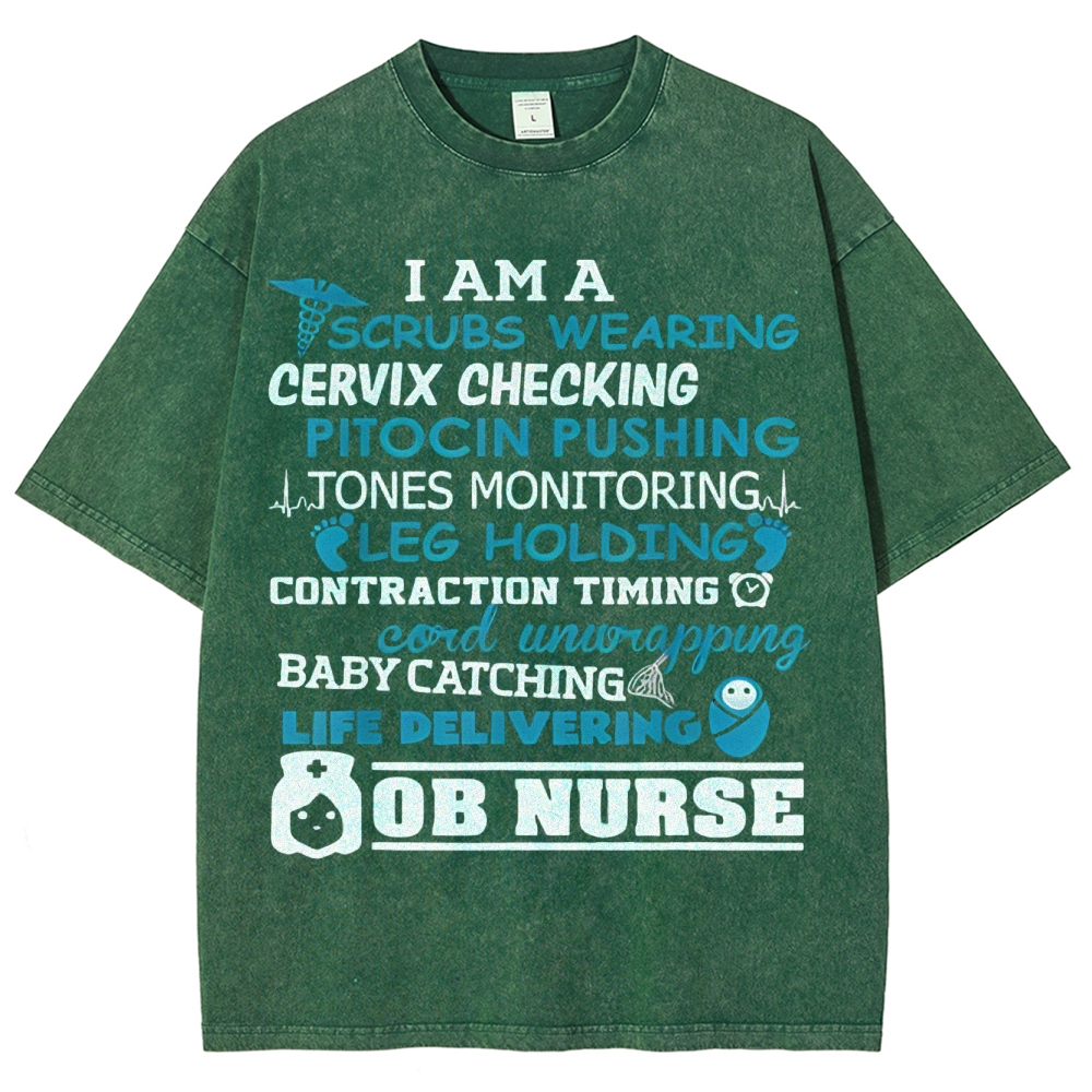 Scrubs Wearing Pitocin Pushing Baby Catching Washed Vintage T-shirt