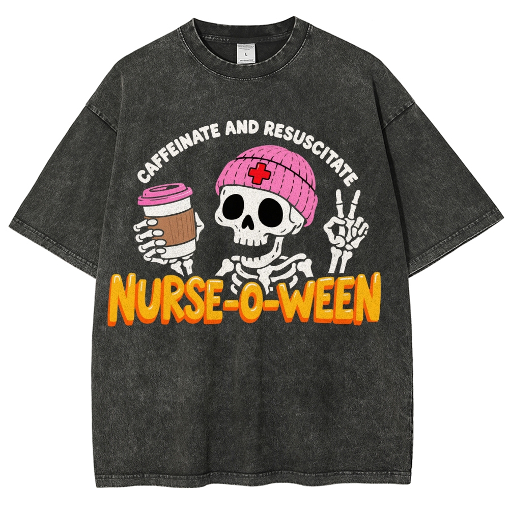 Nurse-o-ween Caffeinate And Resuscitate Washed Vintage T-shirt