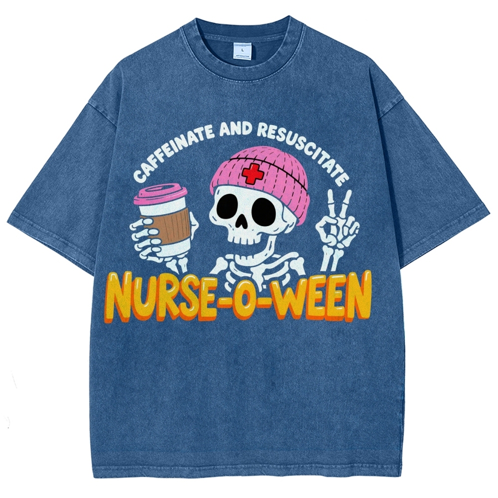 Nurse-o-ween Caffeinate And Resuscitate Washed Vintage T-shirt