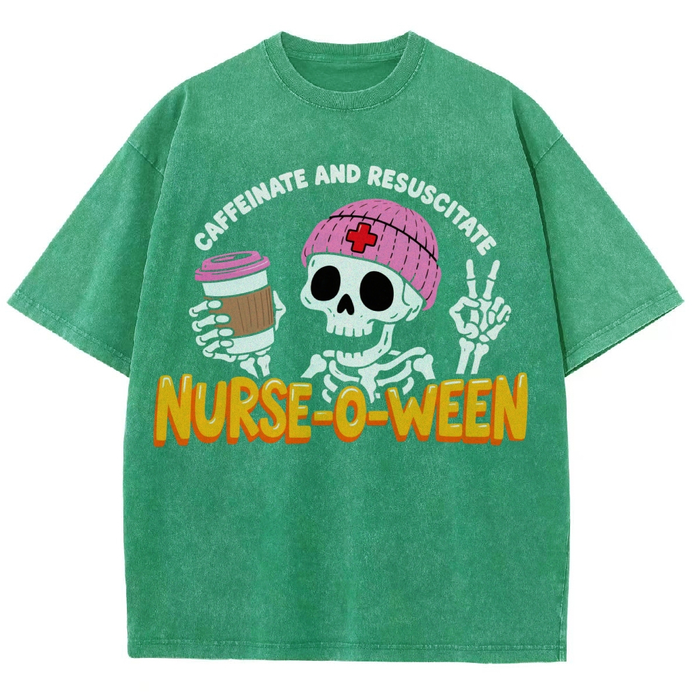 Nurse-o-ween Caffeinate And Resuscitate Washed Vintage T-shirt