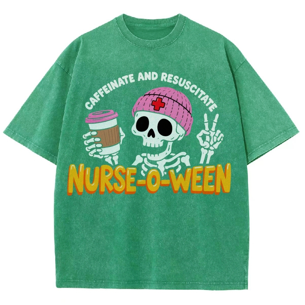 Nurse-o-ween Caffeinate And Resuscitate Washed Vintage T-shirt