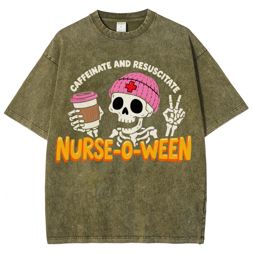 Nurse-o-ween Caffeinate And Resuscitate Washed Vintage T-shirt