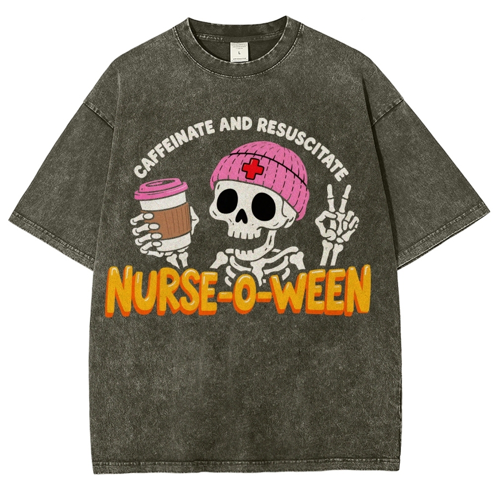 Nurse-o-ween Caffeinate And Resuscitate Washed Vintage T-shirt
