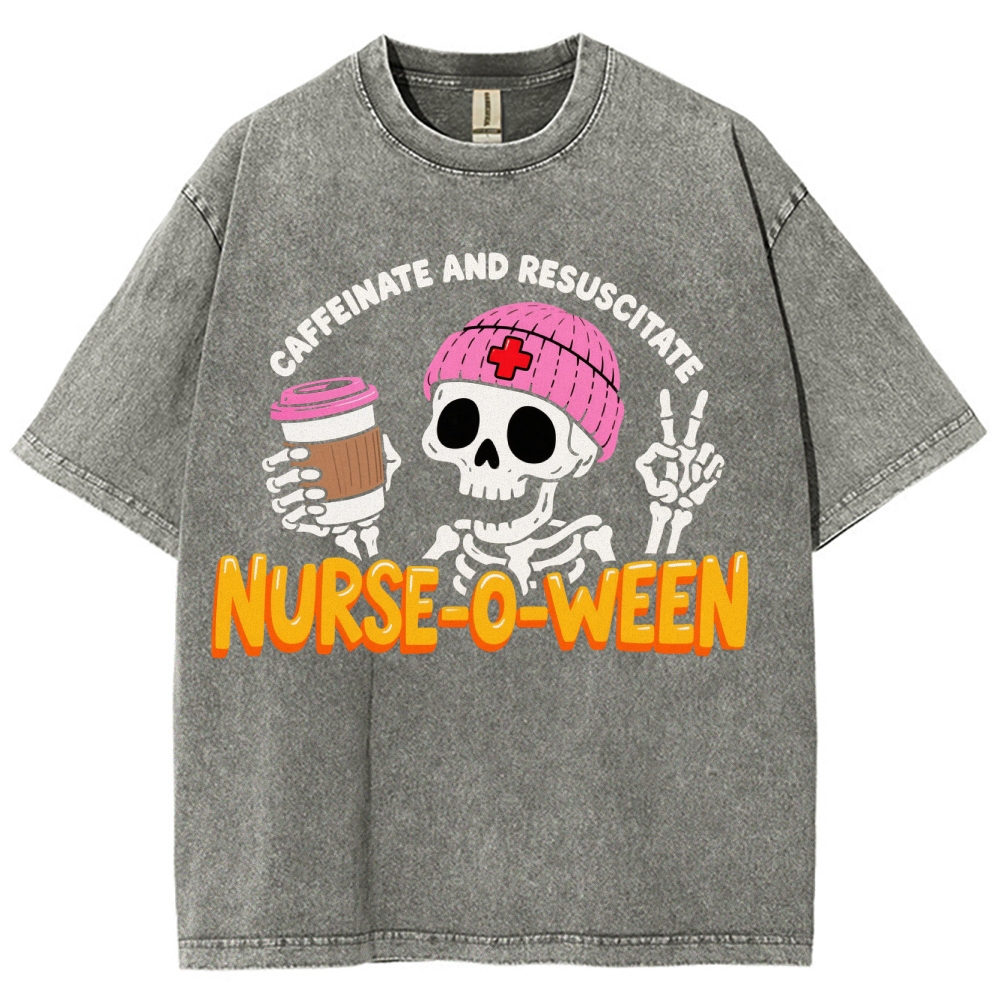 Nurse-o-ween Caffeinate And Resuscitate Washed Vintage T-shirt