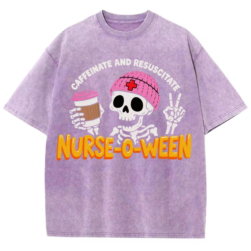 Nurse-o-ween Caffeinate And Resuscitate Washed Vintage T-shirt
