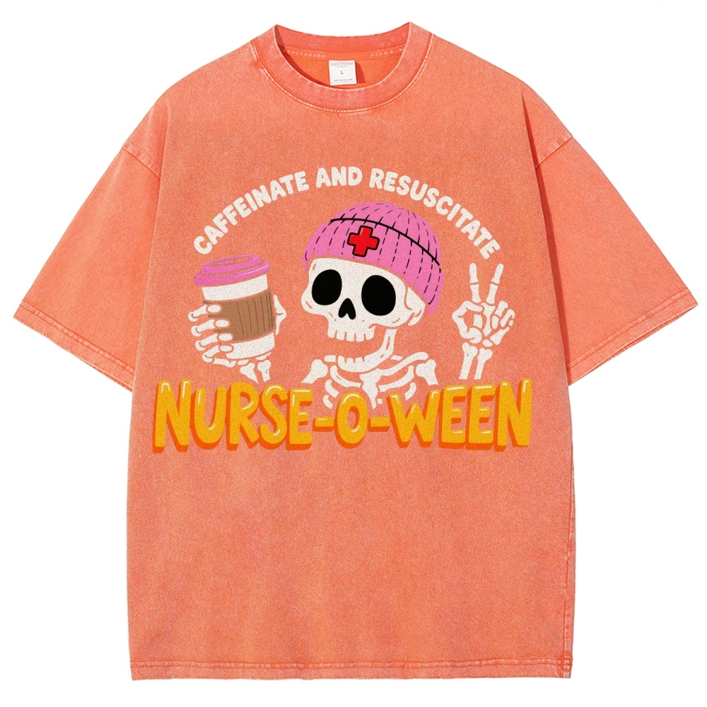 Nurse-o-ween Caffeinate And Resuscitate Washed Vintage T-shirt
