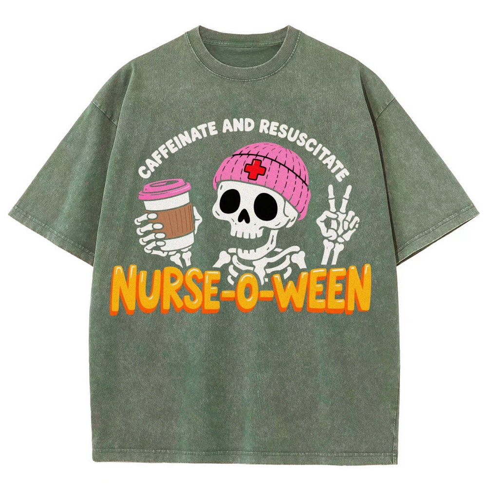 Nurse-o-ween Caffeinate And Resuscitate Washed Vintage T-shirt