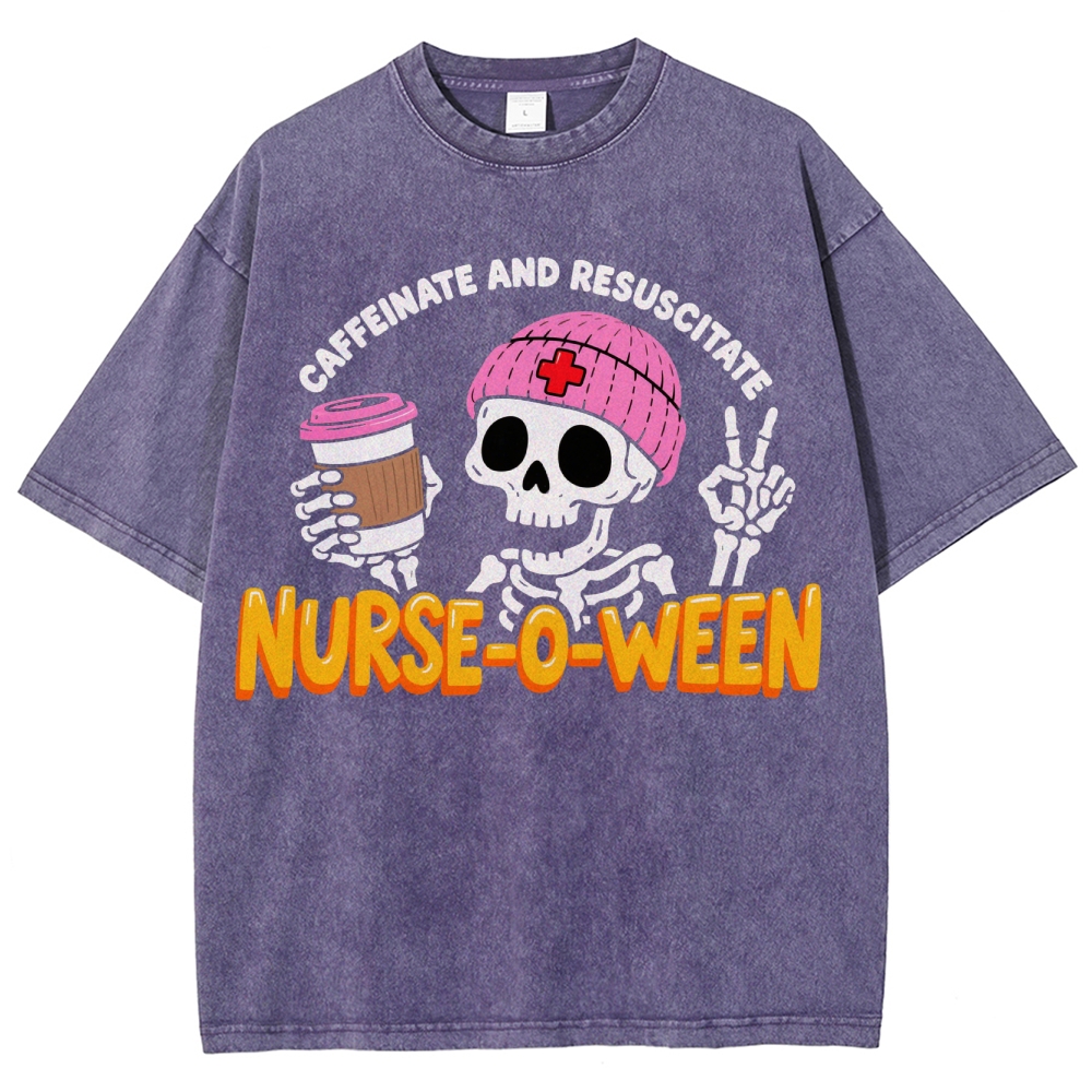 Nurse-o-ween Caffeinate And Resuscitate Washed Vintage T-shirt