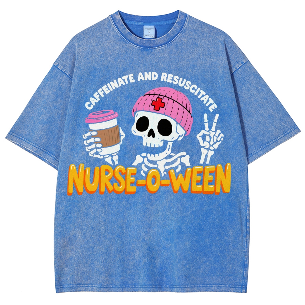 Nurse-o-ween Caffeinate And Resuscitate Washed Vintage T-shirt
