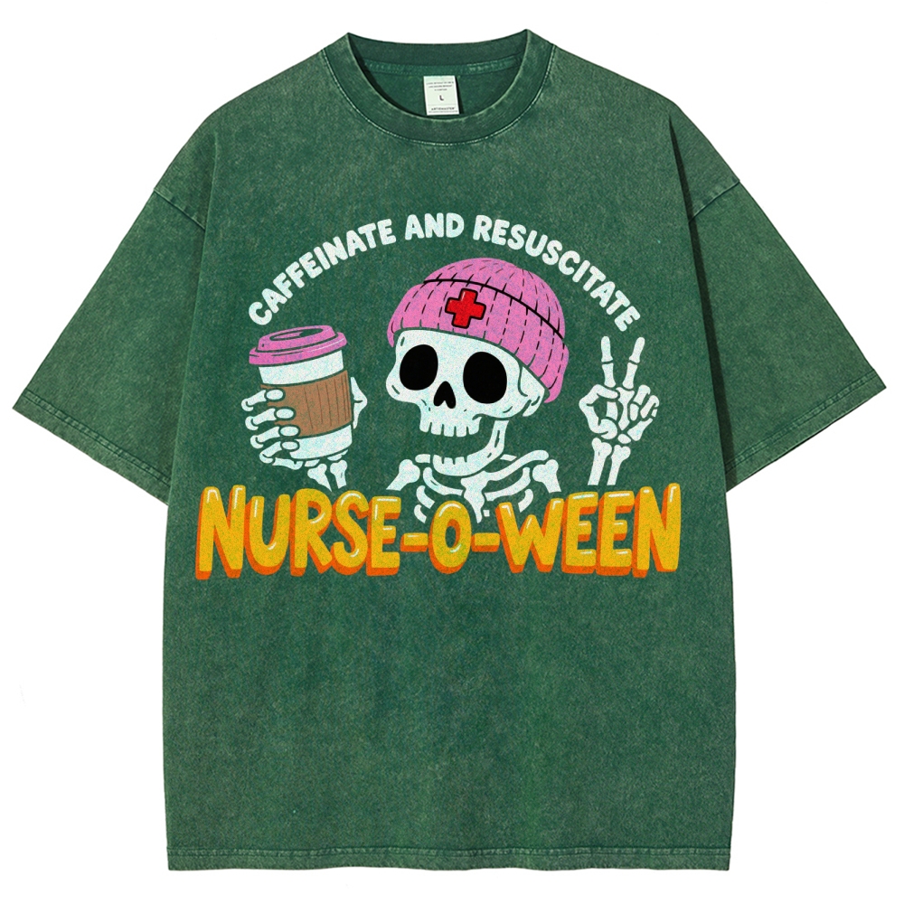 Nurse-o-ween Caffeinate And Resuscitate Washed Vintage T-shirt