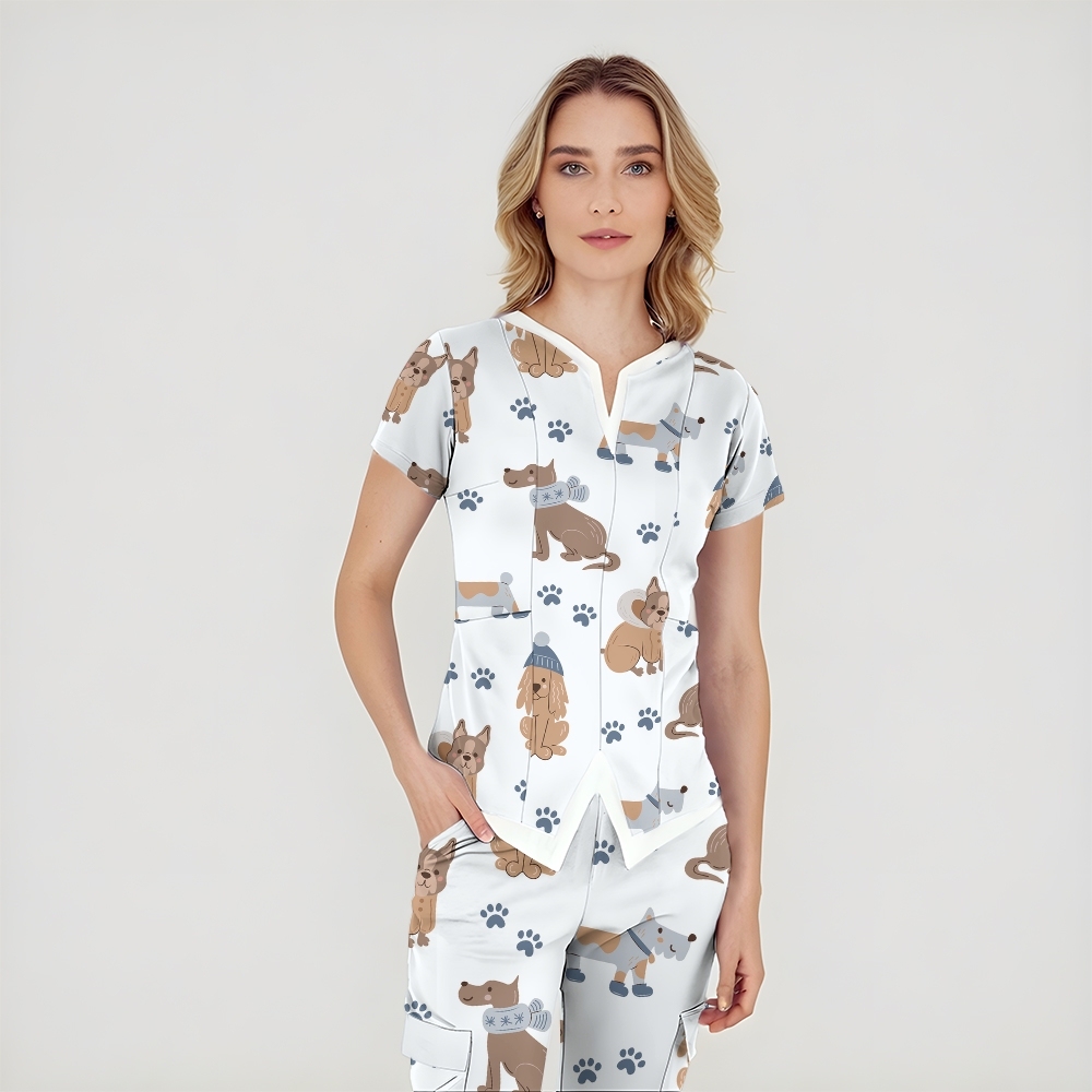 Women's Split Neck Cartoon Animals Printed Scrub Top
