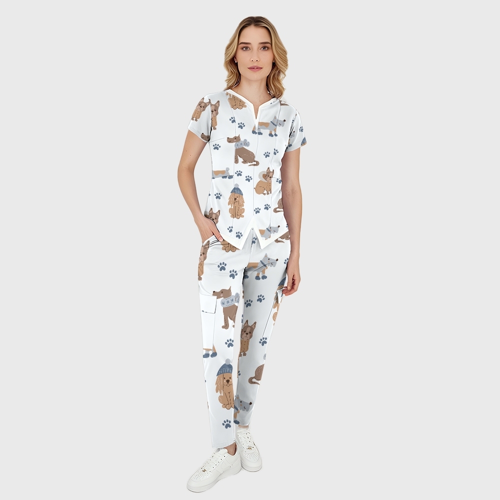 Women's 6-Pocket Cartoon Animals Printed Scrub Pants