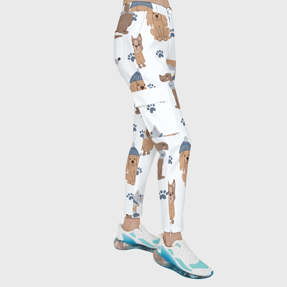 Women's 6-Pocket Cartoon Animals Printed Scrub Pants