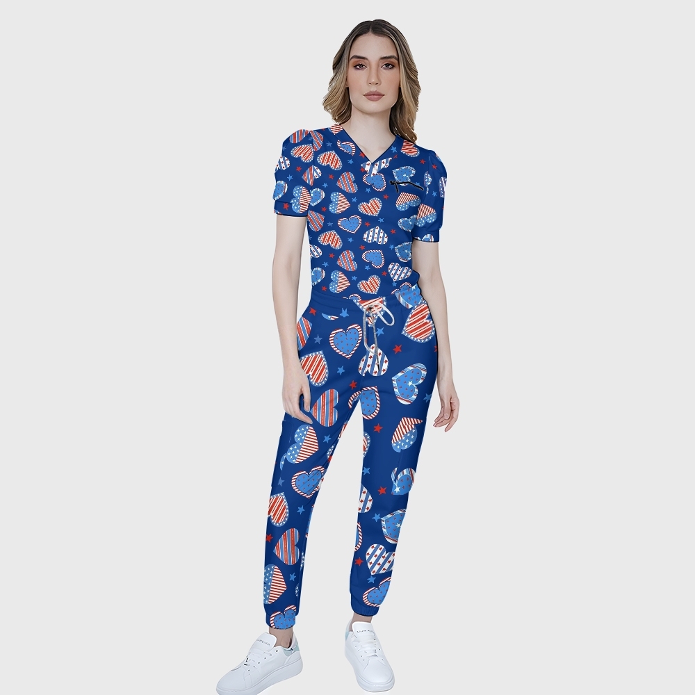 Women's Puff Sleeves American Elements Printed Scrub Set SAA1