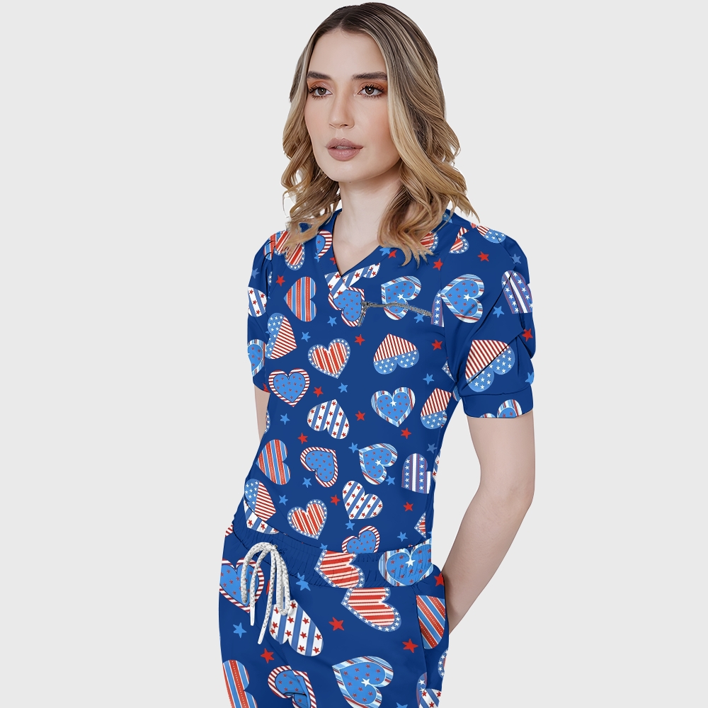 Women's Puff Sleeves American Elements Printed Scrub Set SAA1