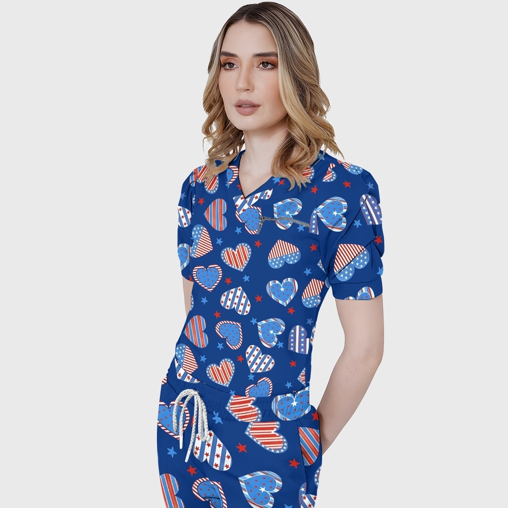 Women's Puff Sleeves American Elements Printed Scrub Set SAA1