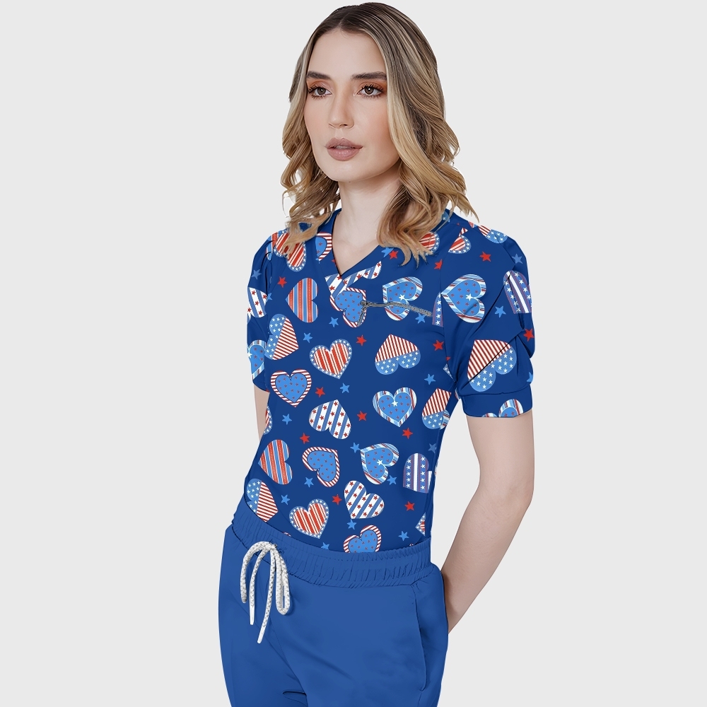 Women's Puff Sleeves American Elements Printed Scrub Set SAA2