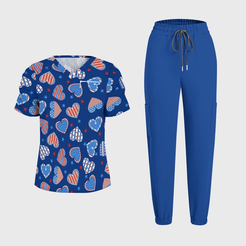 Women's Puff Sleeves American Elements Printed Scrub Set SAA2