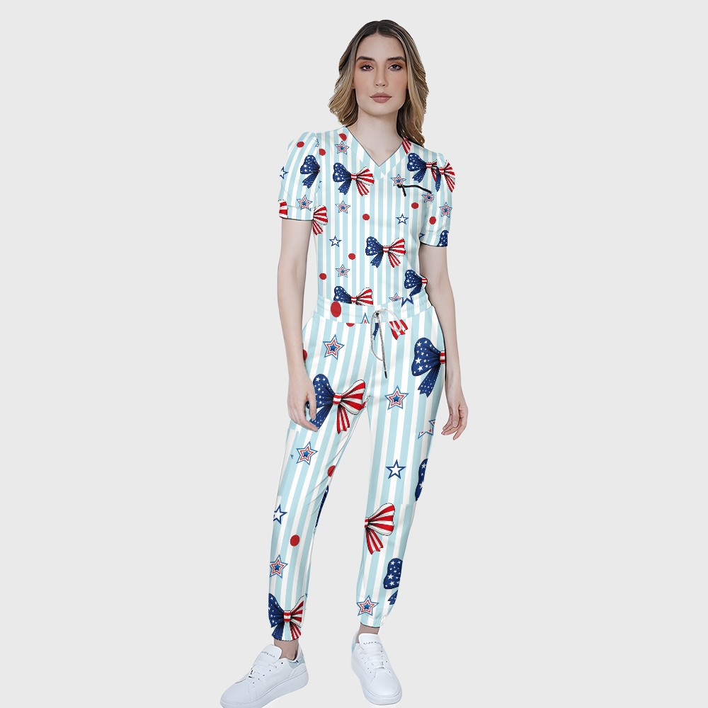 Women's Puff Sleeves American Elements Printed Scrub Set SAA9
