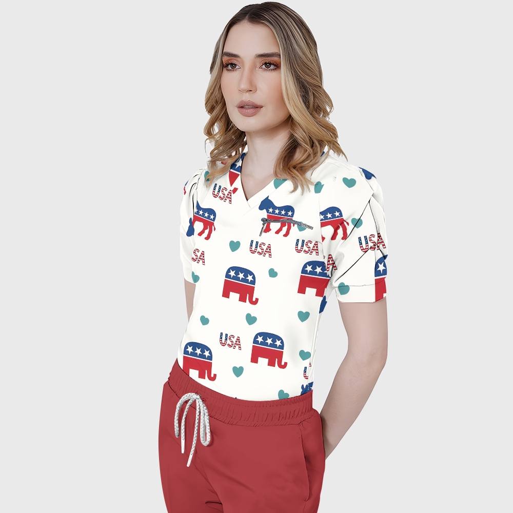 Women's Puff Sleeves American Elements Printed Scrub Set SAA11