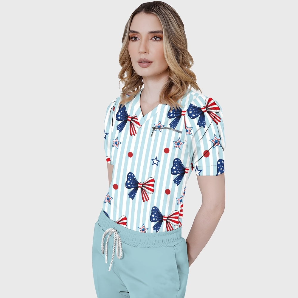 Women's Puff Sleeves American Elements Printed Scrub Set SAA12