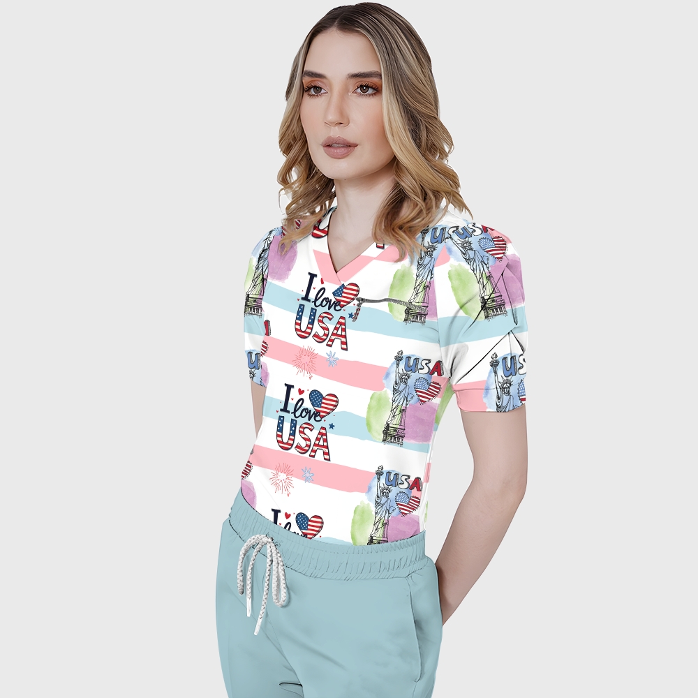 Women's Puff Sleeves American Elements Printed Scrub Set SAA17