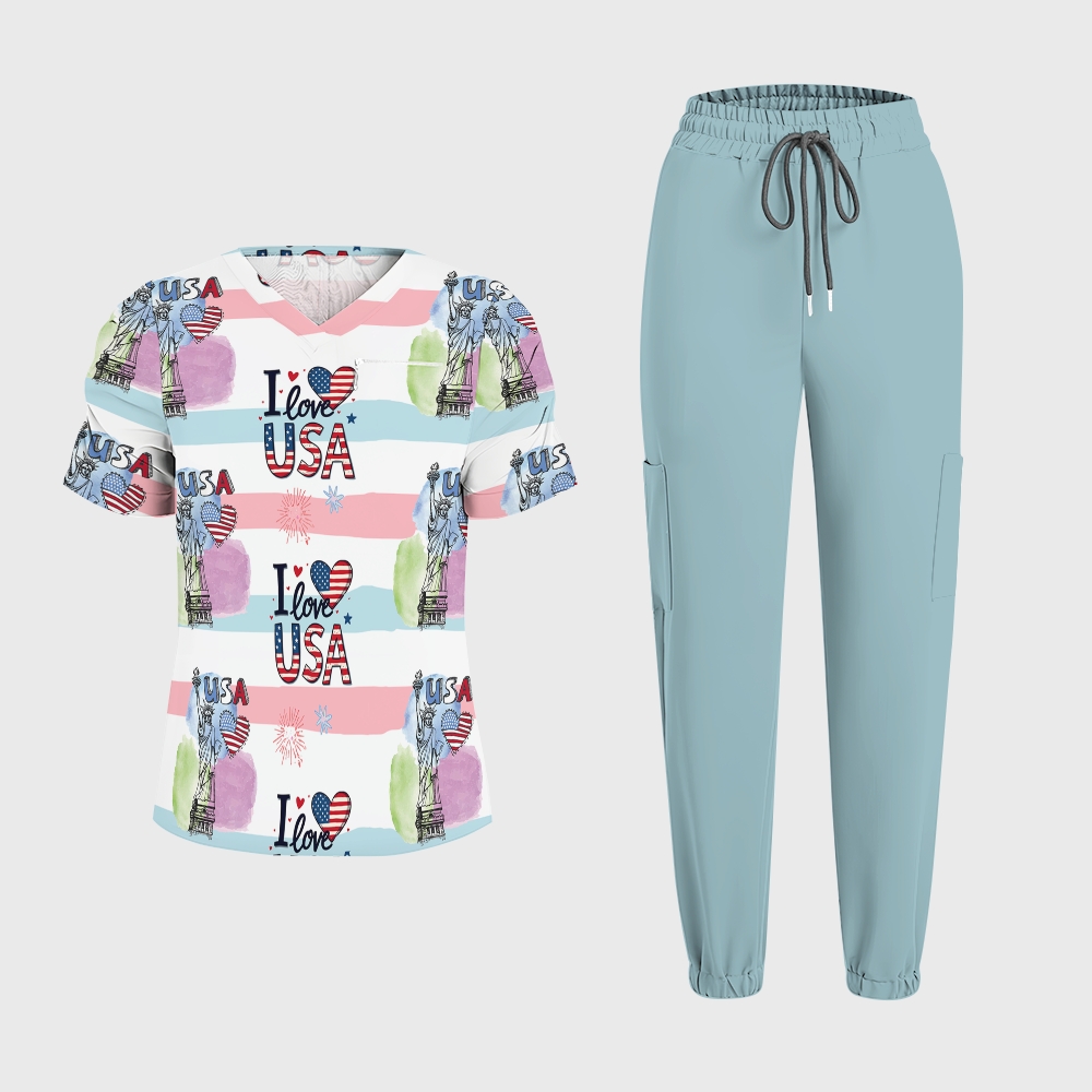 Women's Puff Sleeves American Elements Printed Scrub Set SAA17