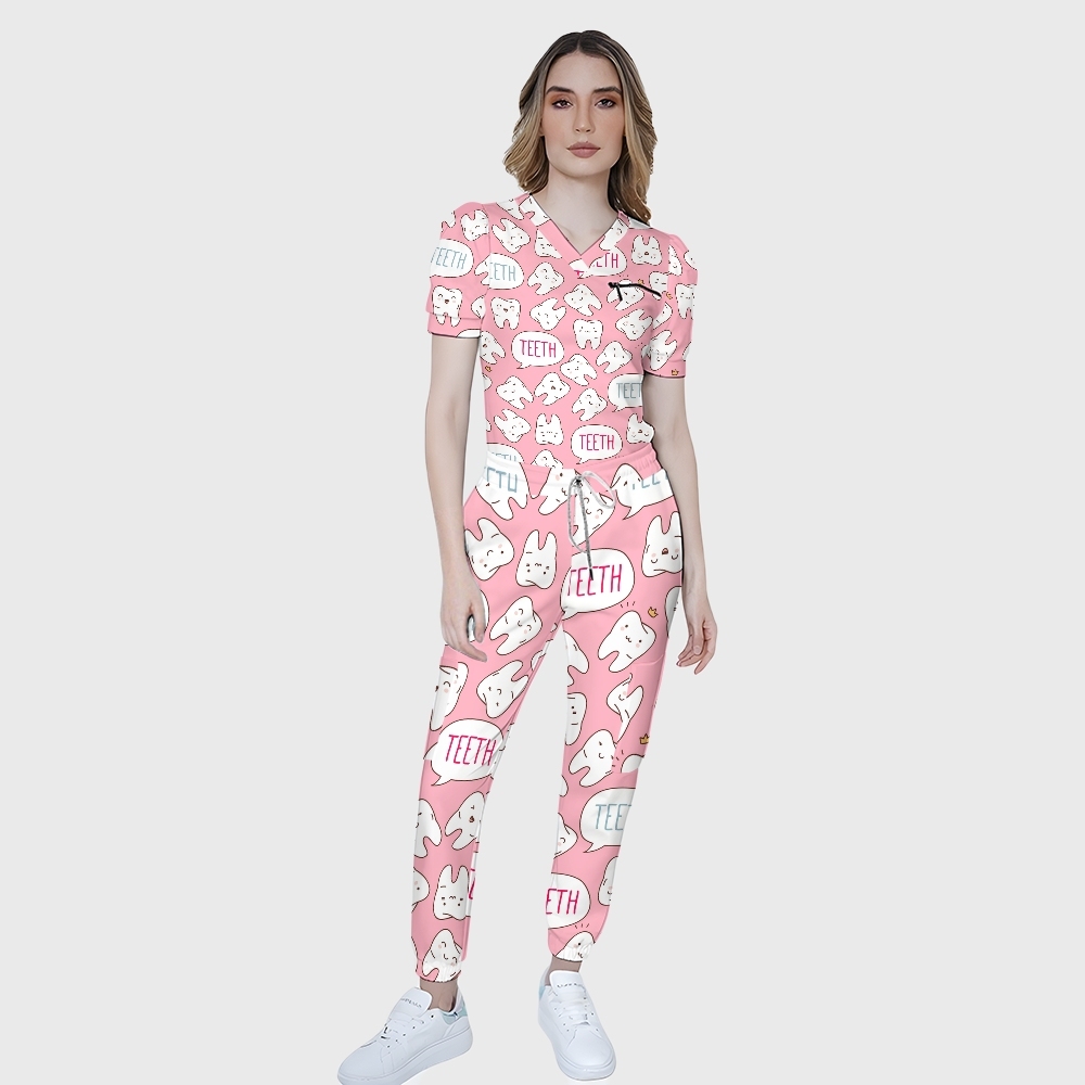 Women's Puff Sleeves Cute Teeth Printed Scrub Set SAA20